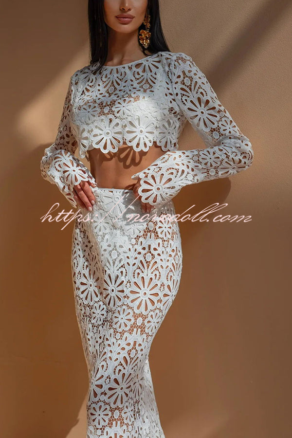 Balmy Summers Crochet Lace Floral Pattern Long Sleeve Crop Vacation Top