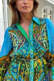 Feeling Butterflies Multi Unique Print Balloon Sleeve Belt Shirt Midi Dress