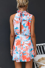 Admire Satin Floral Print High Neck Back Tie-up Mini Dress