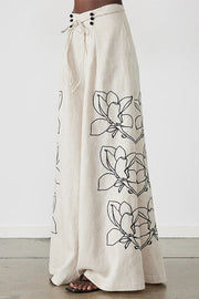 Elaina Linen Blend Floral Print Button Pocketed Wide Leg Palazzo Pant