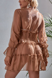 Ruffled Pleated V Neck Button Down Long Sleeved Cover Up