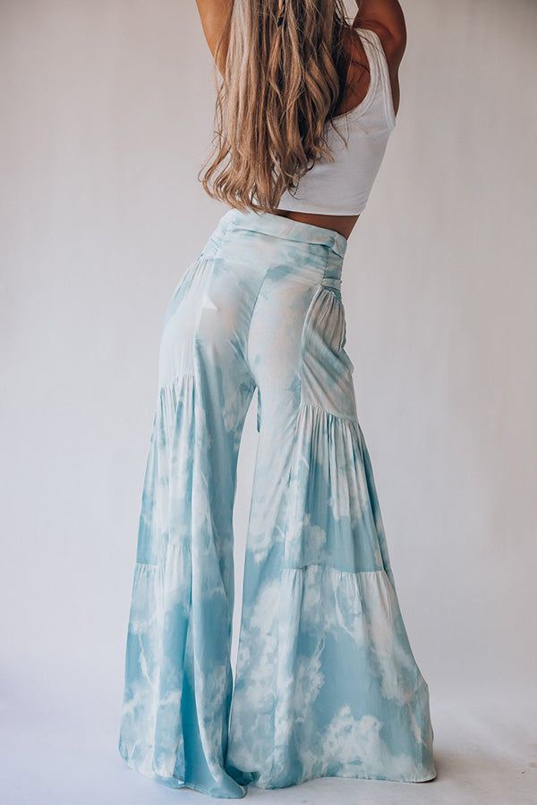 Resort Style Unique Printed Smocked Elastic Waist Lace Up Wide Leg Pants