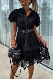 Absolutely Elegant Floral Crochet Lace Puff Sleeve Belted Shirt Midi Dress