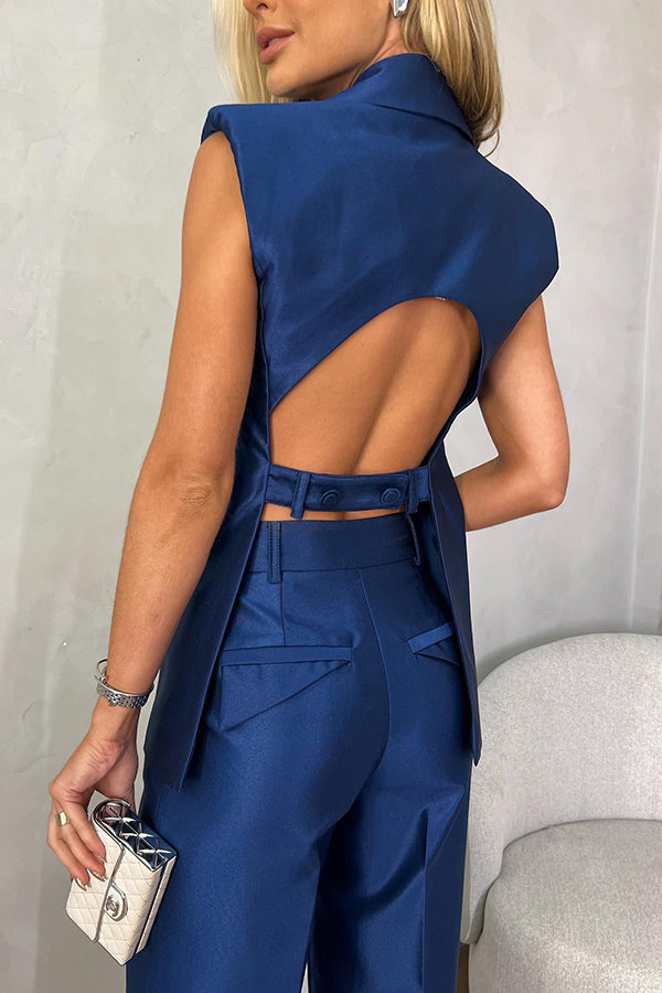 Luxurious Styling Satin Backless Straps Lapel Blazer Vest and Straight Pants Set