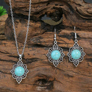Vintage Court Ethnic Geometric Carved Turquoise Diamond Earrings Necklace Set