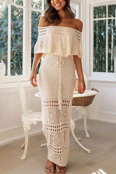 Jolene Knit Crochet Texture Off Shoulder Drawstring Waist Maxi Dresses