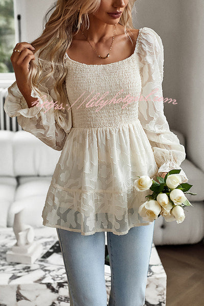Floral Design Square Neck Pleated Long Sleeve Top