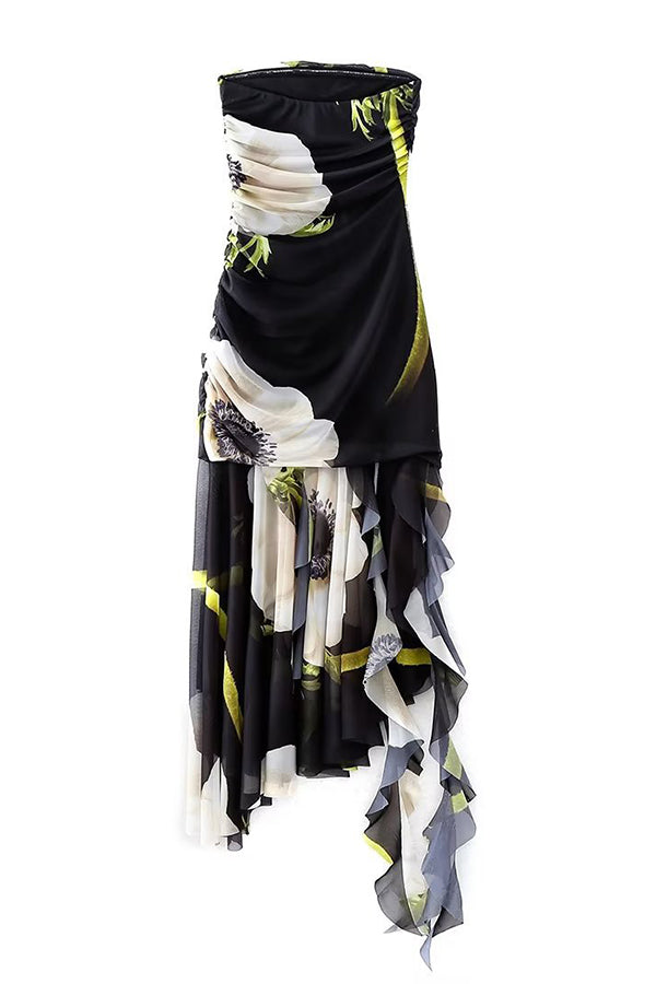 Raquel Mesh Overlay Floral Print Off Shoulder Ruched Ruffles Stretch Midi Dress