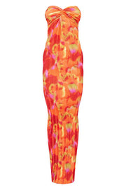 Cheyenne Floral Print Plisse Knot Bandeau Stretch Maxi Dress