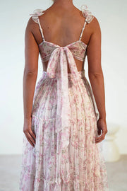 Garden Fairy Tulle Floral Ruffle Detail Cutout Waist Back Ttie-up Maxi Dress