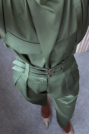 Statement Breast Pocket High Neck Top and Side Pocket Belt Long Pant Set