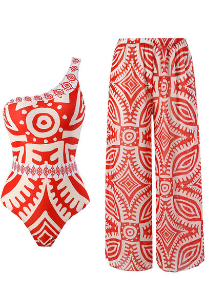 Unique Printed Swimsuit and Elastic Waist Pants Set