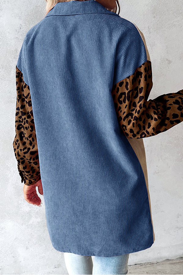 Colorblock Leopard Print Corduroy Long Sleeved Button Down Coat