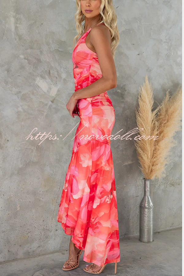 Deja Mesh Overlay Floral Print One Shoulder Ruched Stretch Maxi Dress