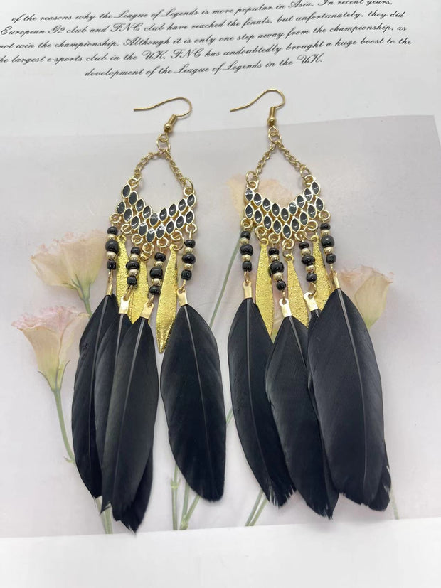 Vintage chain tassel bohemian feather earrings