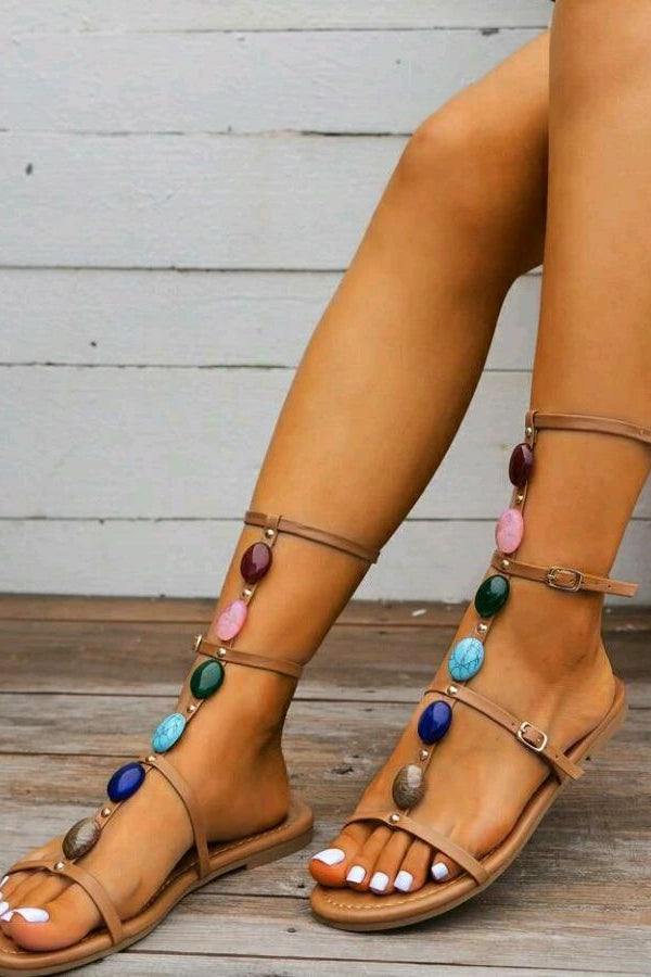 Buckle Strap Colorful Pearl Beach Resort Style Flat Sandals