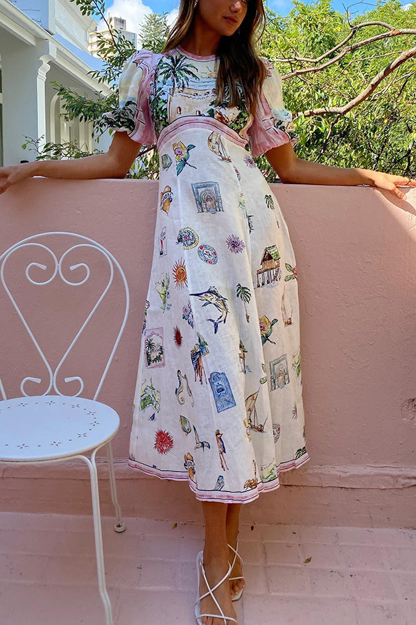 European Summer Sunset Linen Blend Unique Print Puff Sleeve Midi Dress