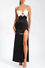 Eleanor Satin Black and White Bow Slit Gown Maxi Dress