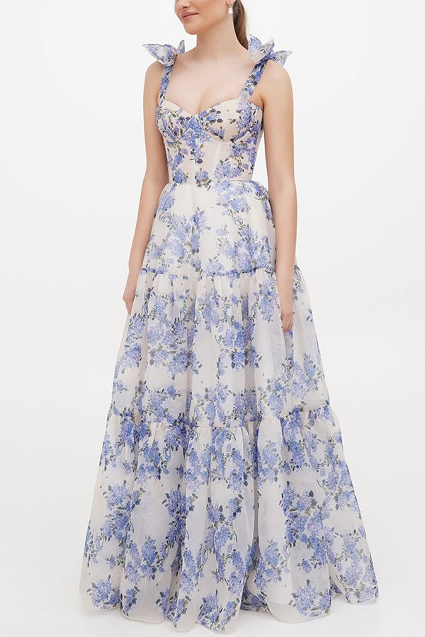 Fairytale Itself Organza Floral Print Tie Strap Maxi Dress