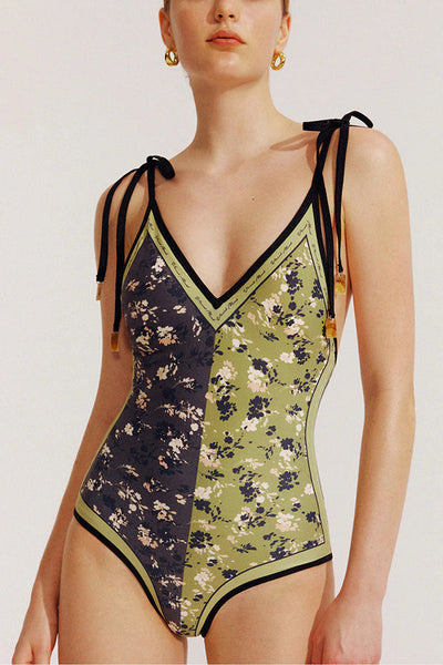 Khloe Vintage Style Floral Color Block Printed Reversible Tie Shoulder Stretch One-piece Swimsuit