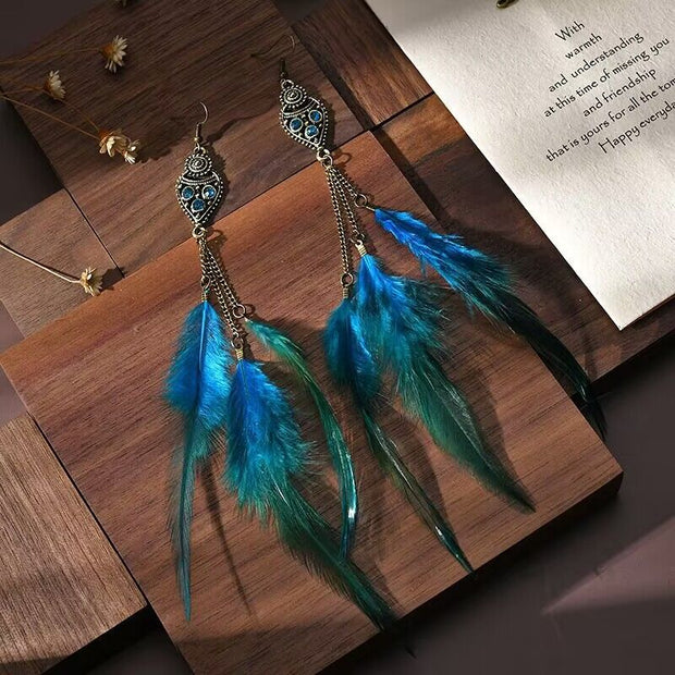 Vintage chain tassel bohemian feather earrings