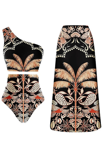 Palm Tree Bird Print Color Block High Waist Bikini Skirt Set