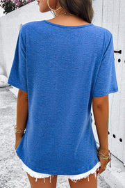 Plain Short Sleeved Zippered Slit Button T-Shirt