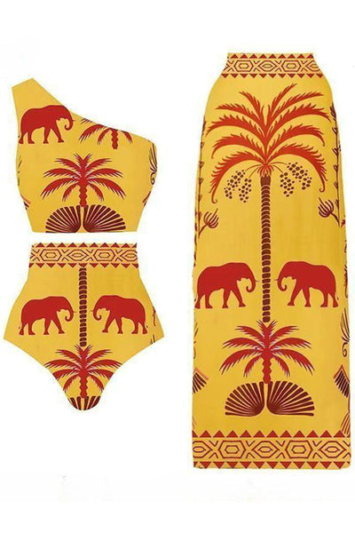 Color Block Art Elephant Print High Waist Bikini Skirt Set