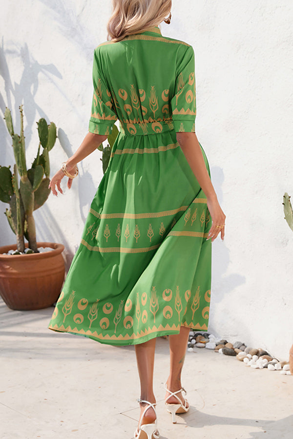 Tranquil Time Ethnic Print Button Belted Shirt Midi Dress