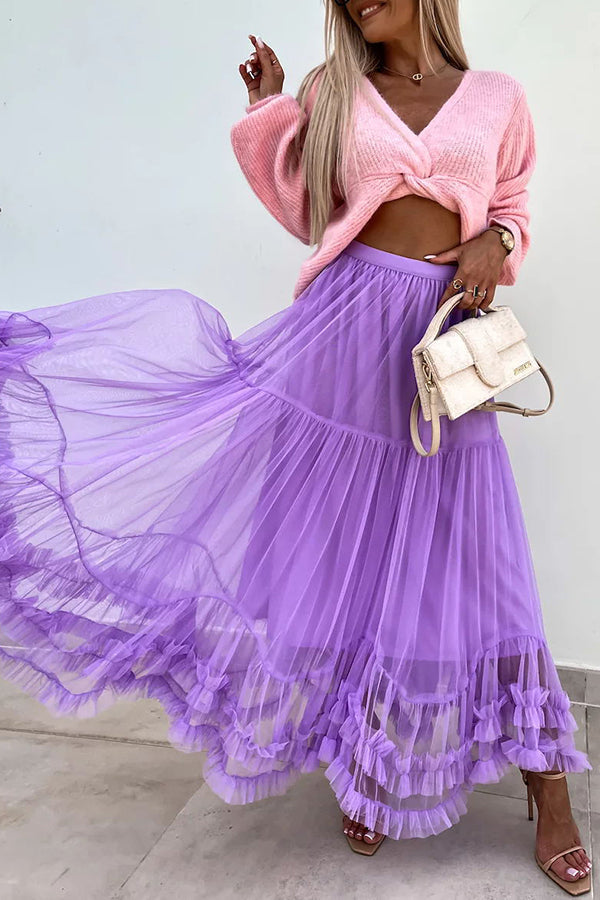 Elegant Tulle Stretch Waist Paneled Pleated Maxi Skirt