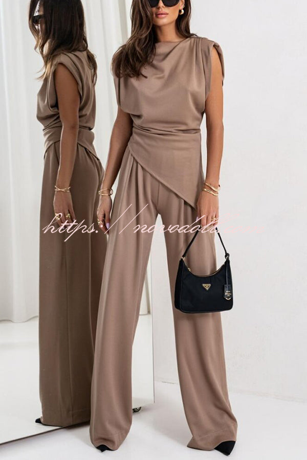 Jordy Ruched Shoulder Slit Top and Elastic Waist Pocketed Wide Leg Pants Set