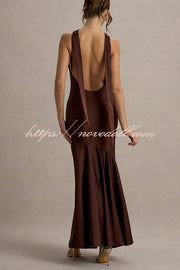 Timeless Sophistication Satin Cowl Detail Back Self-tie Halter Neck Maxi Dress