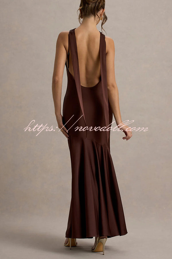 Timeless Sophistication Satin Cowl Detail Back Self-tie Halter Neck Maxi Dress