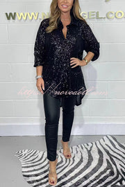 Party Season Solid Color Sequin Button Long Sleeve High Low Shirt