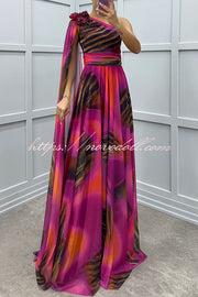 Lucia Unique Print Floral Detail One Shoulder Draped Sleeve Gown Maxi Dress