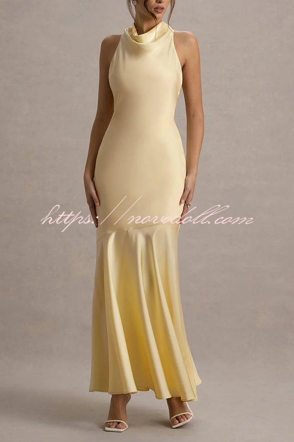 Timeless Sophistication Satin Cowl Detail Back Self-tie Halter Neck Maxi Dress
