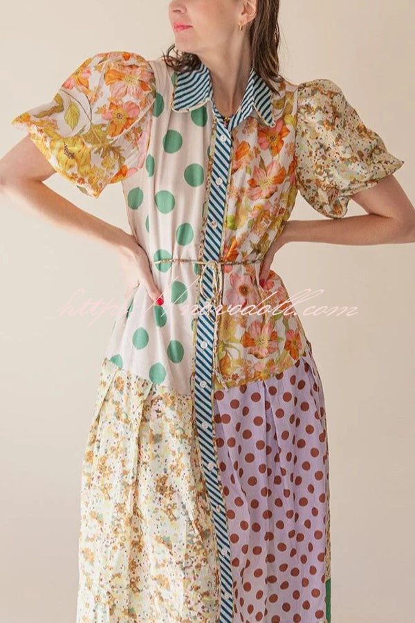 Linen Blend Unique Print Lapel Puff Sleeve Casual Midi Dress