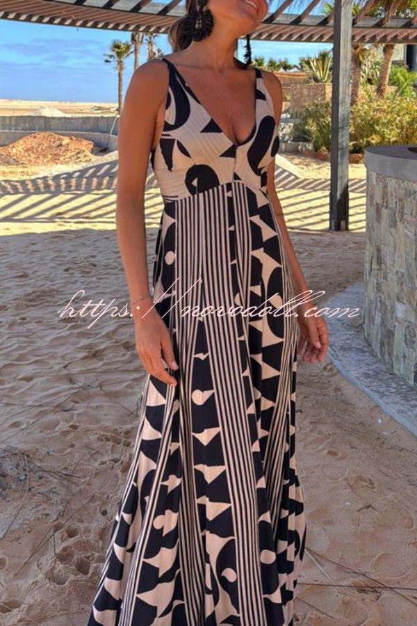 Sabine Geometric Print V-Neck Back Smocked A-line Maxi Dress