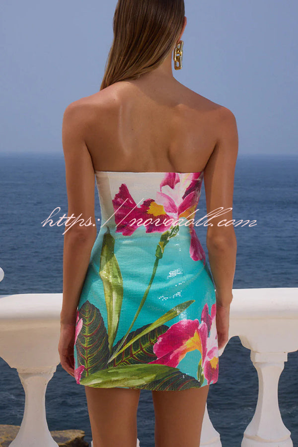 Beach Club Sequin Unique Print Strapless Stretch Mini Dress