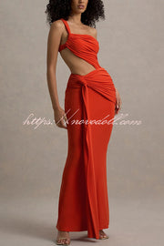 Sexy One-shoulder Backless Ribbon Pleated Slim Maxi Dress