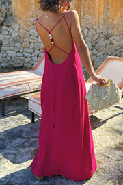 Sunny Beach Straps Unique Beaded Detail Backless Slit Maxi Dress