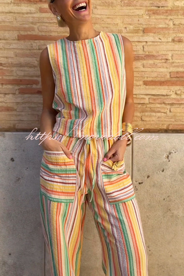 Tylah Linen Blend Colorful Striped Back Button Vest and Elastic Waist Pocket Loose Pants Set