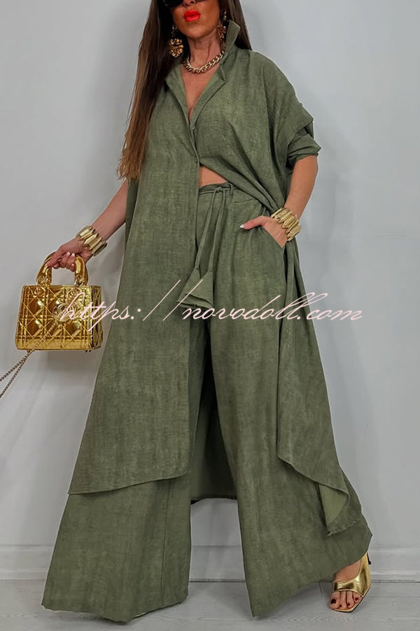 Solid Color Casual Loose Long Shirt and Elastic Waist Pocket Wide Leg Pants Set