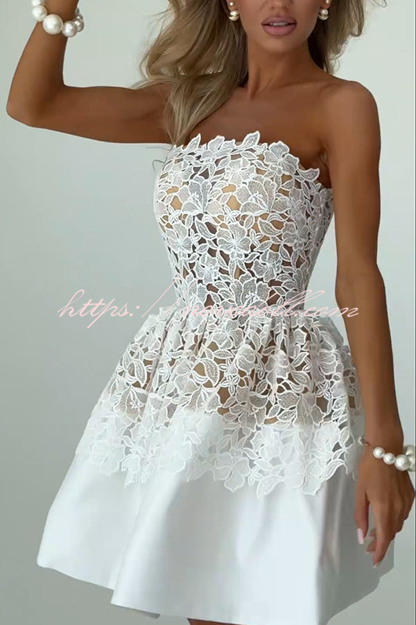 Angie Embroidered Floral Lace Patchwork Off Shoulder Tulip Hem Mini Dress