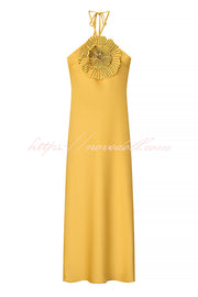 Fashionable Beaded Large Flower Decoration Halter Neck Backless Maxi Dress