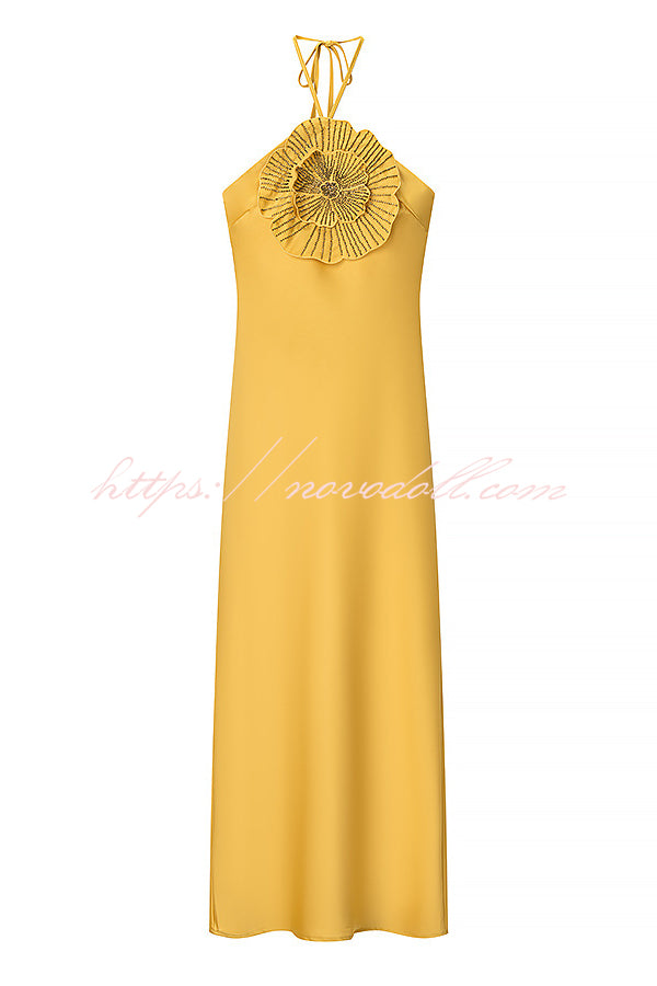 Fashionable Beaded Large Flower Decoration Halter Neck Backless Maxi Dress