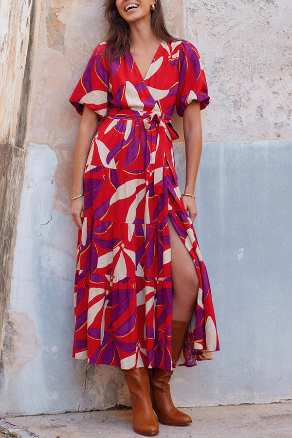 Unique Printed Waist Lace Up Slit Maxi Dress