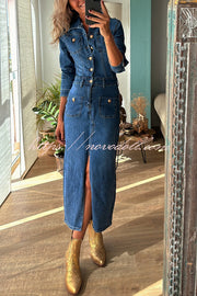 Tessy Denim Metal Button Zipper Shirt Stretch Pencil Slit Midi Dress