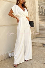 Solid Color V-neck Waist Casual Wide-leg Jumpsuit