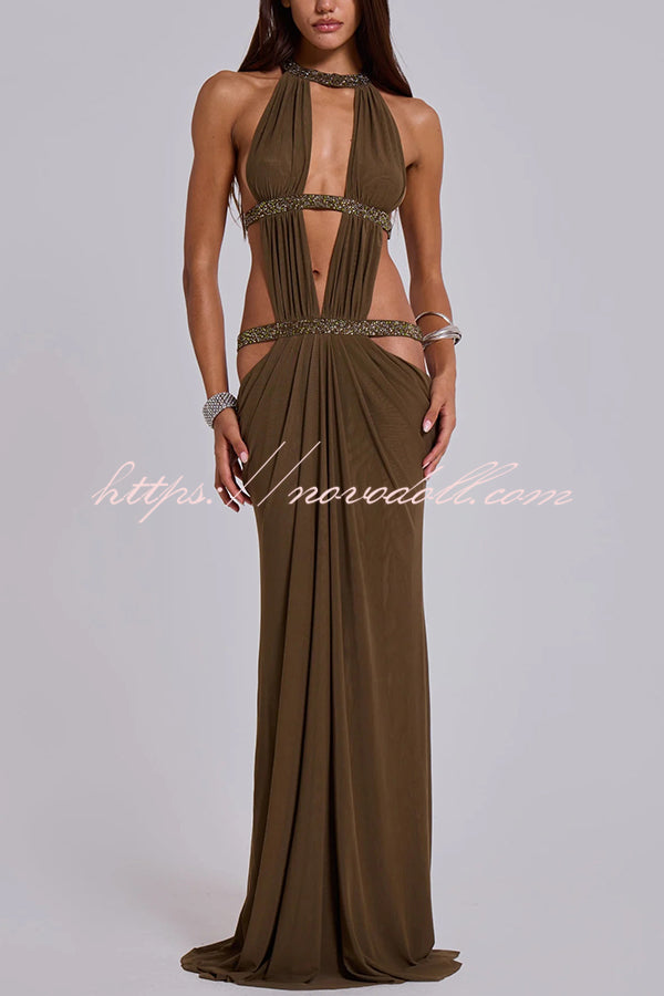 Khaki Hot-fix Rhinestone Shoulder Strap Cutout Design Backless Drape Maxi Dress
